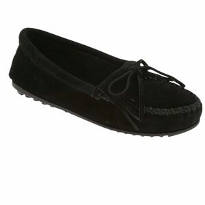 Minnetonka Black Suede Driving Loafers Tie-Front Moccasin Loafers - Women.